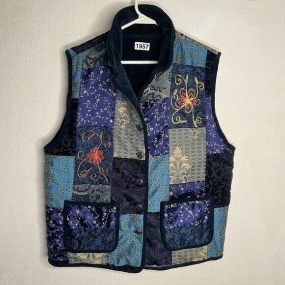 VTG Poetica Patchwork Reversible Button Front Vest Women Size M Blue/Purple - Picture 8 of 11